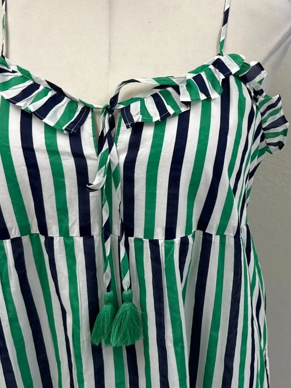 J.Crew Navy Blue & Green Striped Ruffle Tiered Maxi Dress - New - Size XL